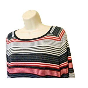 Croft & Barrow Striped Knit Top XL Black Silver Red Gray Scoop Neck 3/4 Sleeve